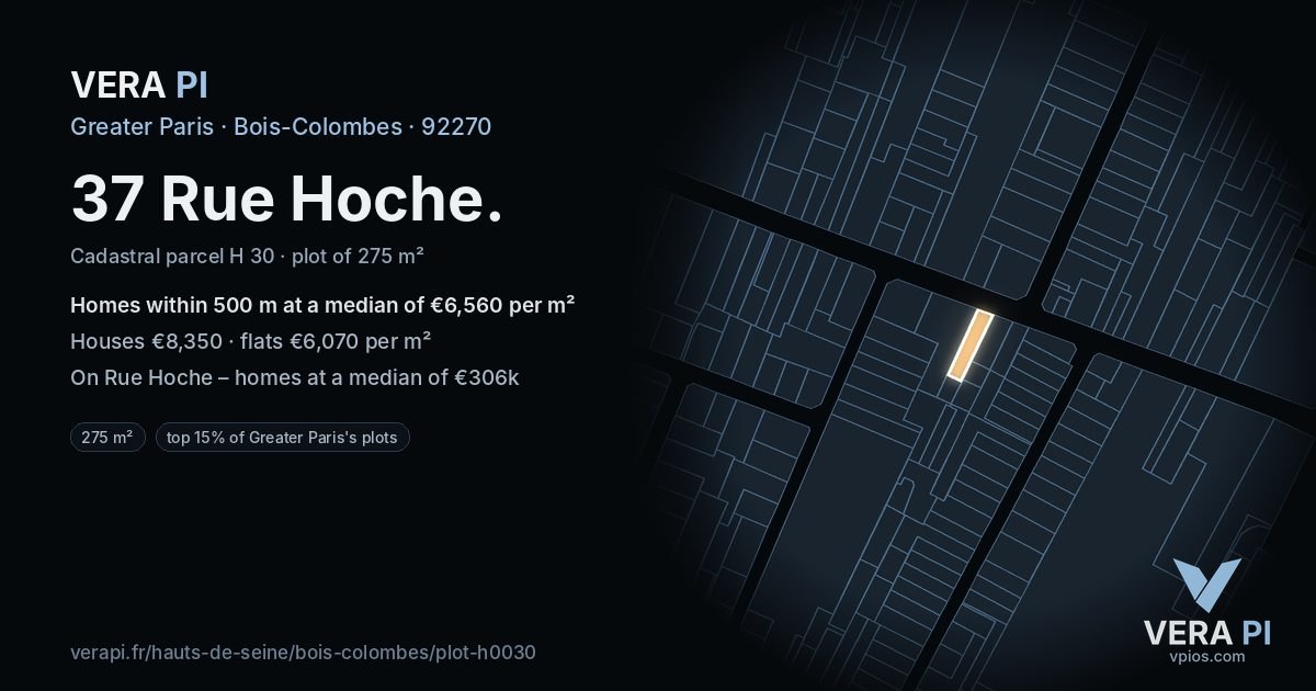 37 Rue Hoche, Bois-Colombes at night – the plot lit, the parcels around coloured by the prices near them