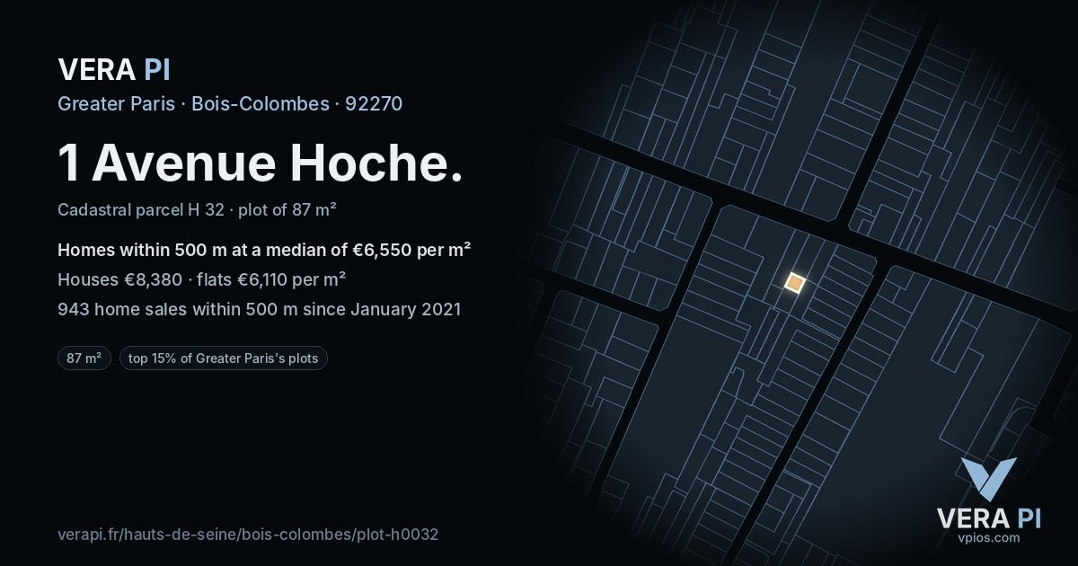 1 Avenue Hoche, Bois-Colombes at night – the plot lit, the parcels around coloured by the prices near them