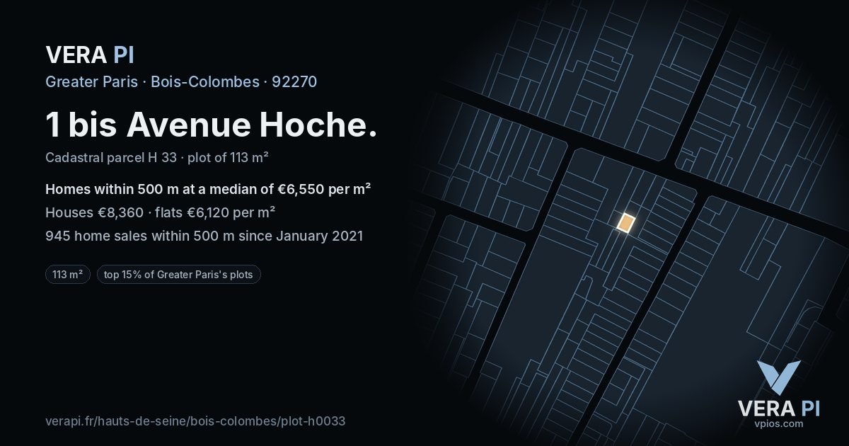 1 bis Avenue Hoche, Bois-Colombes at night – the plot lit, the parcels around coloured by the prices near them