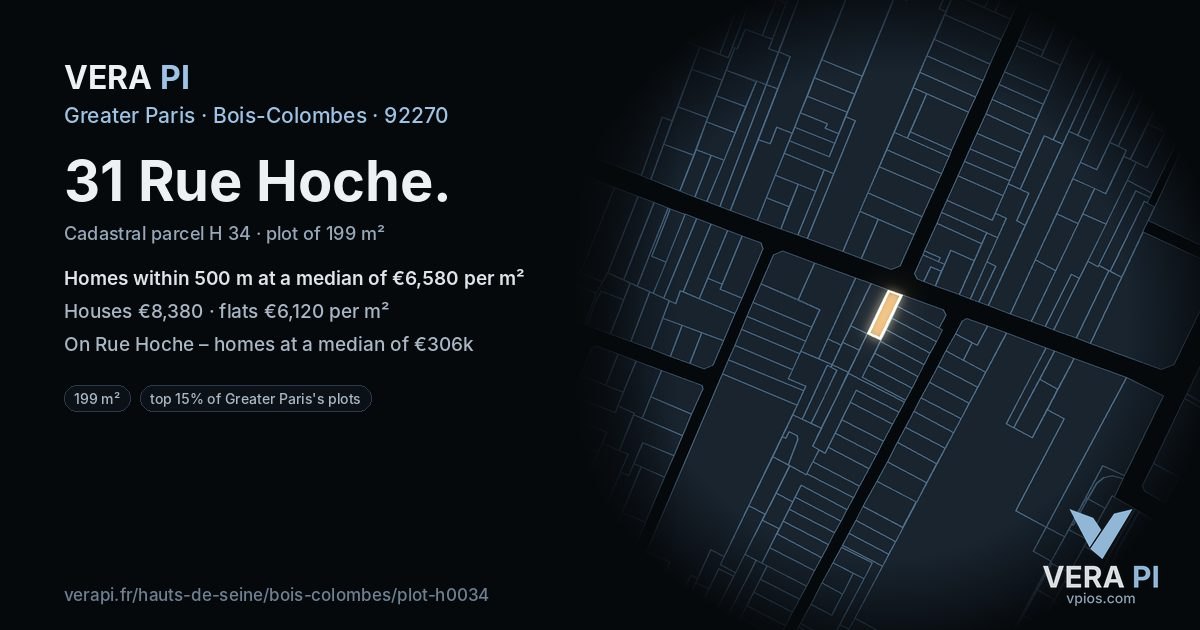 31 Rue Hoche, Bois-Colombes at night – the plot lit, the parcels around coloured by the prices near them