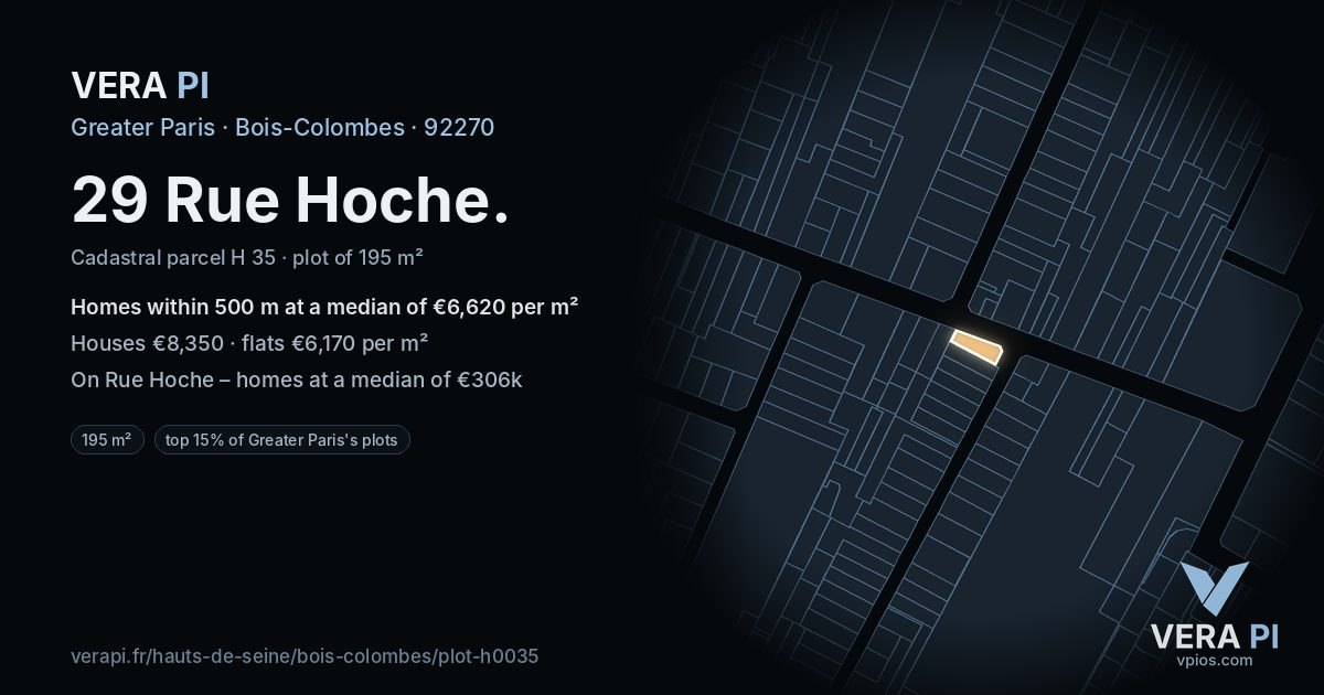 29 Rue Hoche, Bois-Colombes at night – the plot lit, the parcels around coloured by the prices near them