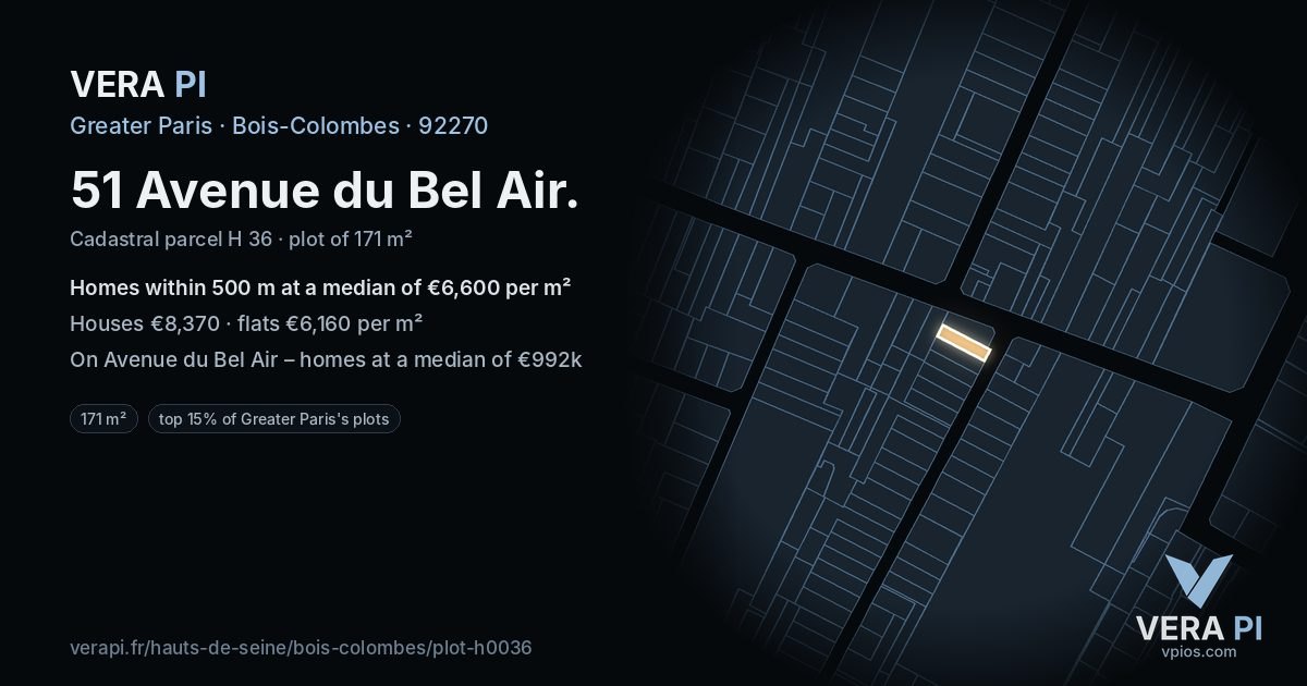 51 Avenue du Bel Air, Bois-Colombes at night – the plot lit, the parcels around coloured by the prices near them