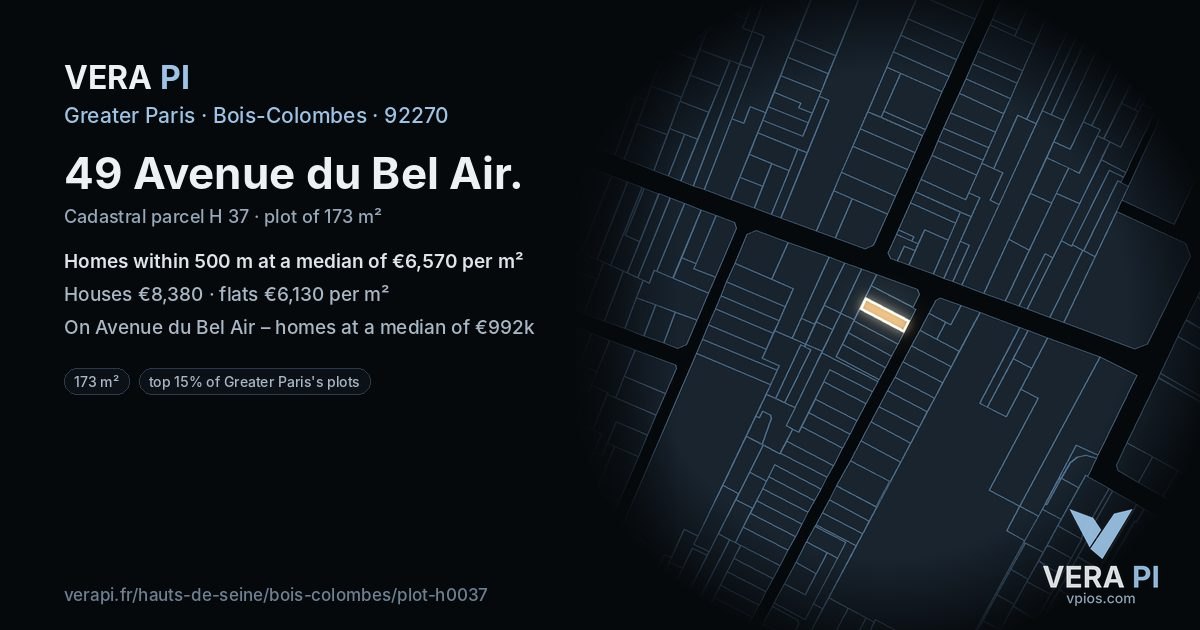 49 Avenue du Bel Air, Bois-Colombes at night – the plot lit, the parcels around coloured by the prices near them