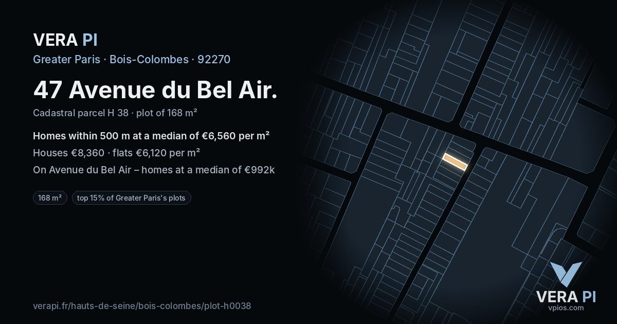 47 Avenue du Bel Air, Bois-Colombes at night – the plot lit, the parcels around coloured by the prices near them