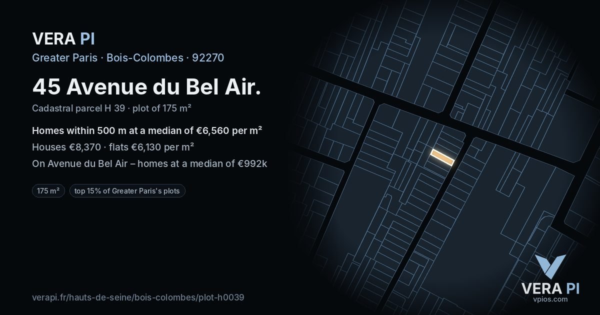 45 Avenue du Bel Air, Bois-Colombes at night – the plot lit, the parcels around coloured by the prices near them
