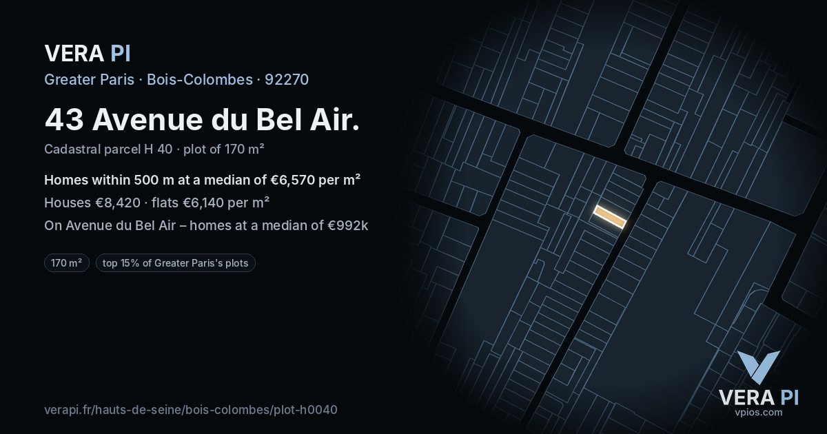 43 Avenue du Bel Air, Bois-Colombes at night – the plot lit, the parcels around coloured by the prices near them