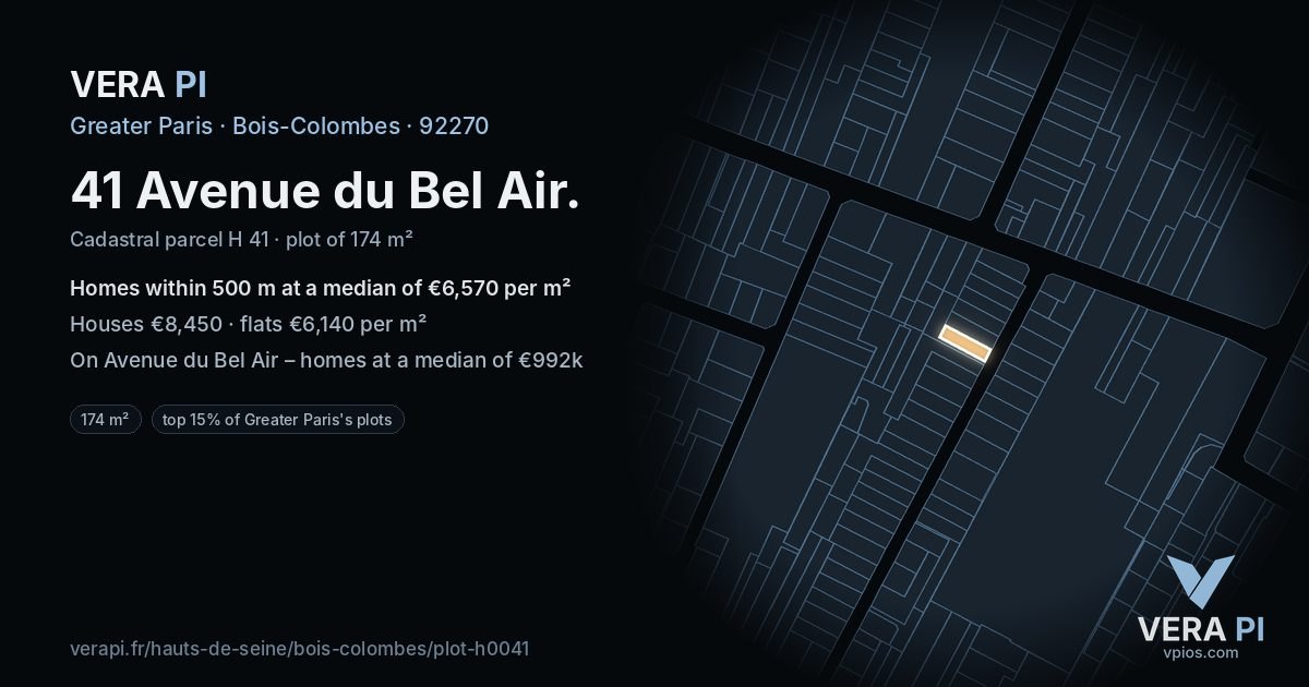 41 Avenue du Bel Air, Bois-Colombes at night – the plot lit, the parcels around coloured by the prices near them