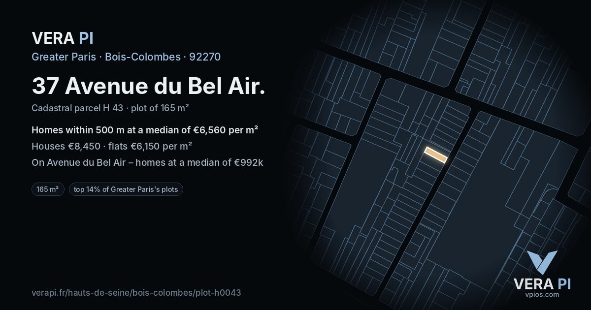 37 Avenue du Bel Air, Bois-Colombes at night – the plot lit, the parcels around coloured by the prices near them