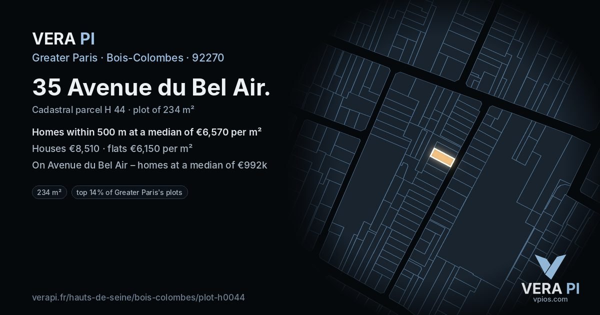 35 Avenue du Bel Air, Bois-Colombes at night – the plot lit, the parcels around coloured by the prices near them