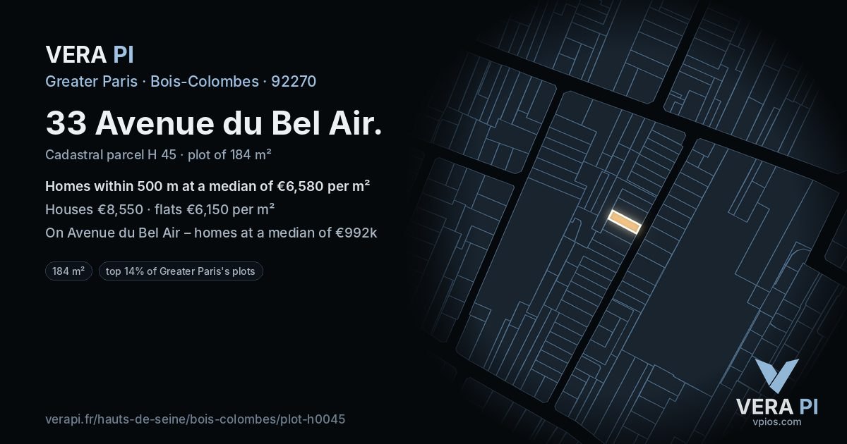 33 Avenue du Bel Air, Bois-Colombes at night – the plot lit, the parcels around coloured by the prices near them