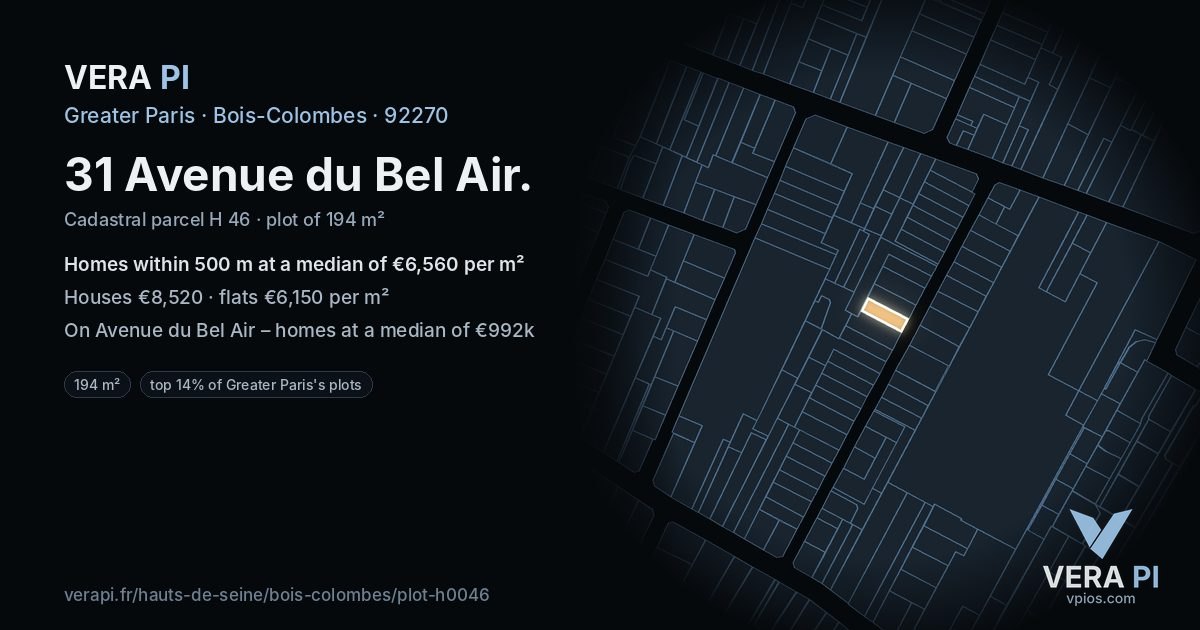 31 Avenue du Bel Air, Bois-Colombes at night – the plot lit, the parcels around coloured by the prices near them