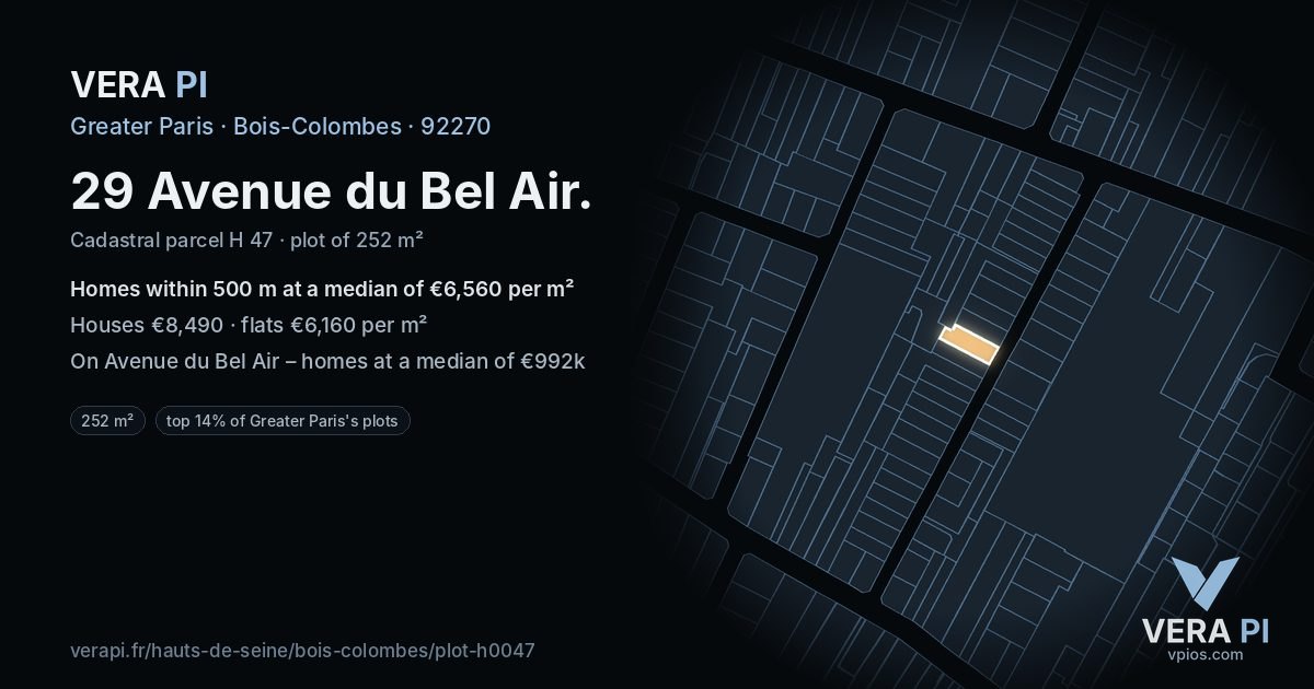29 Avenue du Bel Air, Bois-Colombes at night – the plot lit, the parcels around coloured by the prices near them