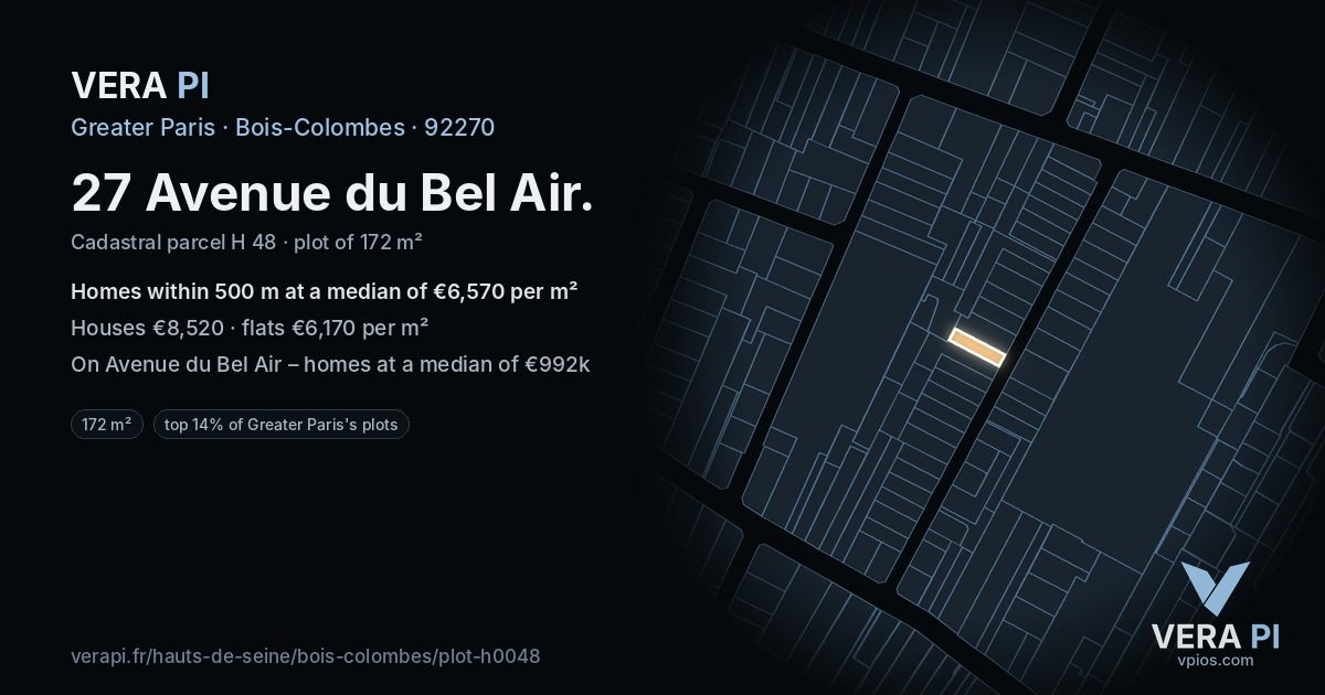 27 Avenue du Bel Air, Bois-Colombes at night – the plot lit, the parcels around coloured by the prices near them