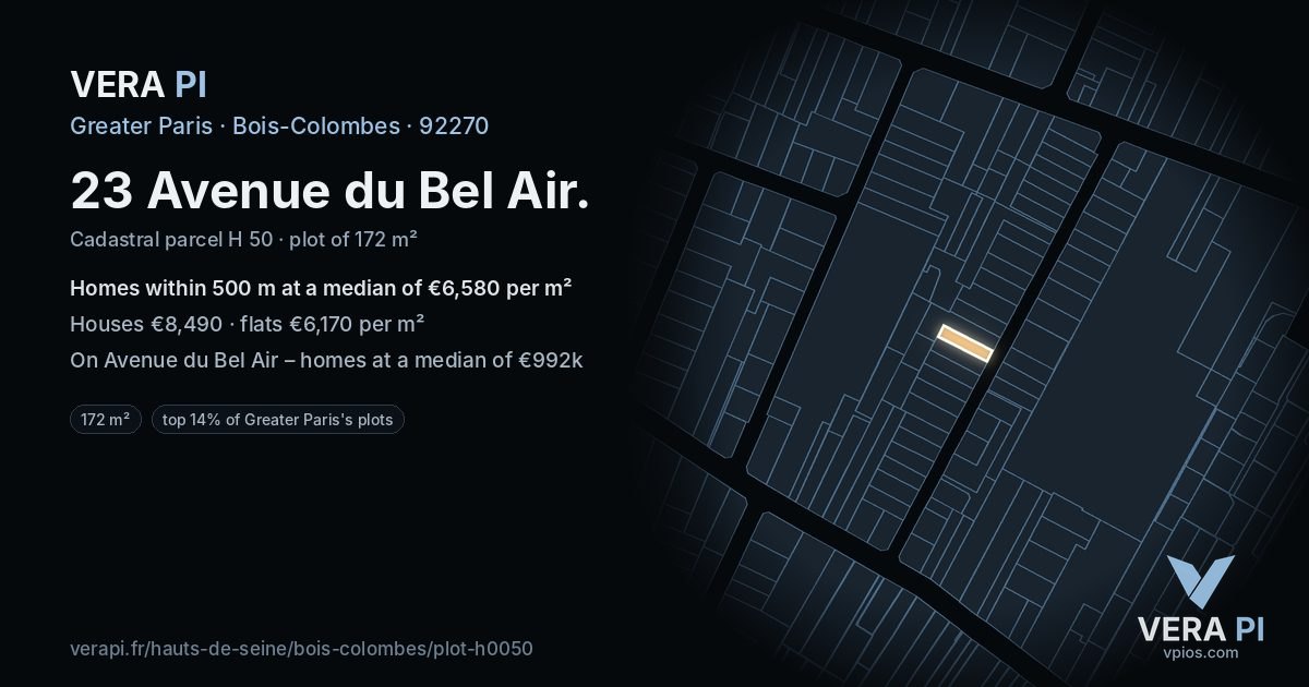 23 Avenue du Bel Air, Bois-Colombes at night – the plot lit, the parcels around coloured by the prices near them