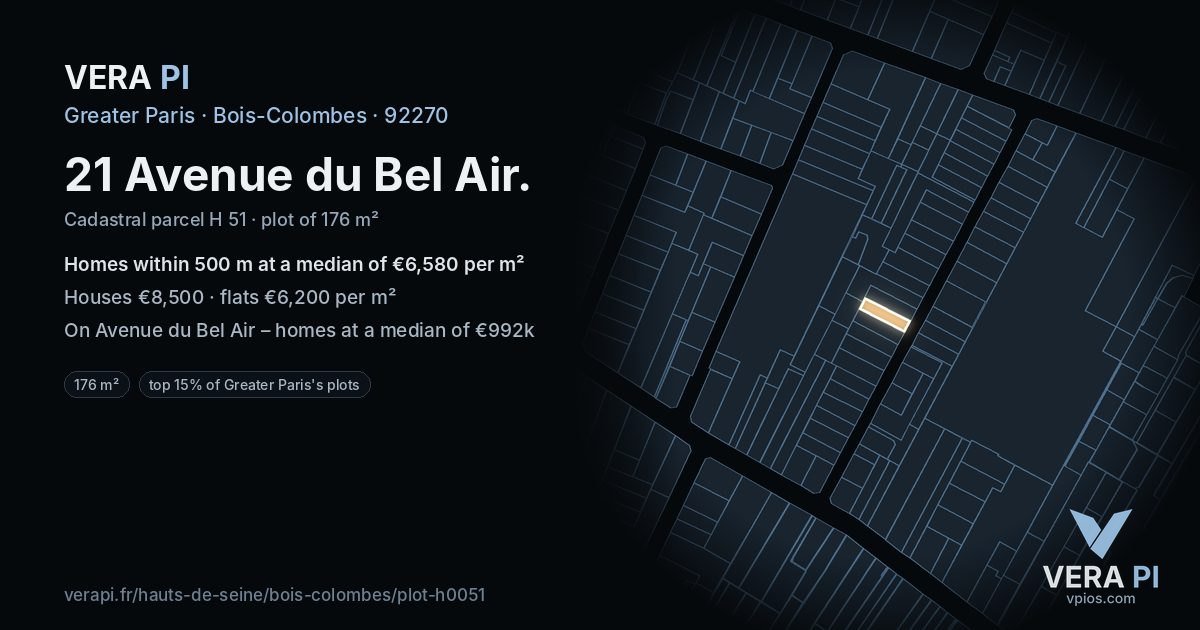 21 Avenue du Bel Air, Bois-Colombes at night – the plot lit, the parcels around coloured by the prices near them