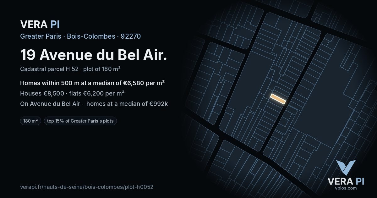 19 Avenue du Bel Air, Bois-Colombes at night – the plot lit, the parcels around coloured by the prices near them