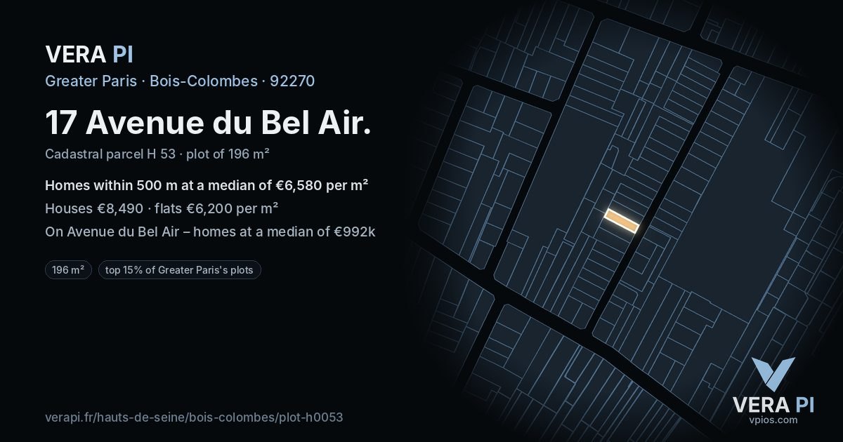 17 Avenue du Bel Air, Bois-Colombes at night – the plot lit, the parcels around coloured by the prices near them