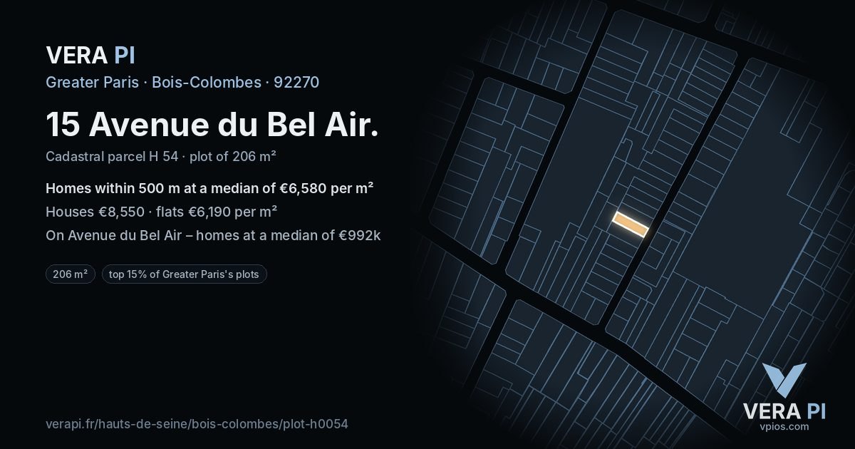 15 Avenue du Bel Air, Bois-Colombes at night – the plot lit, the parcels around coloured by the prices near them