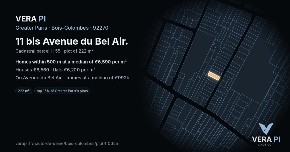 11 bis Avenue du Bel Air, Bois-Colombes at night – the plot lit, the parcels around coloured by the prices near them