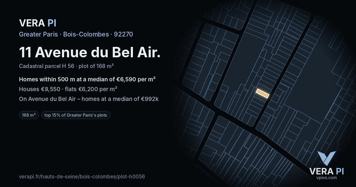 11 Avenue du Bel Air, Bois-Colombes at night – the plot lit, the parcels around coloured by the prices near them
