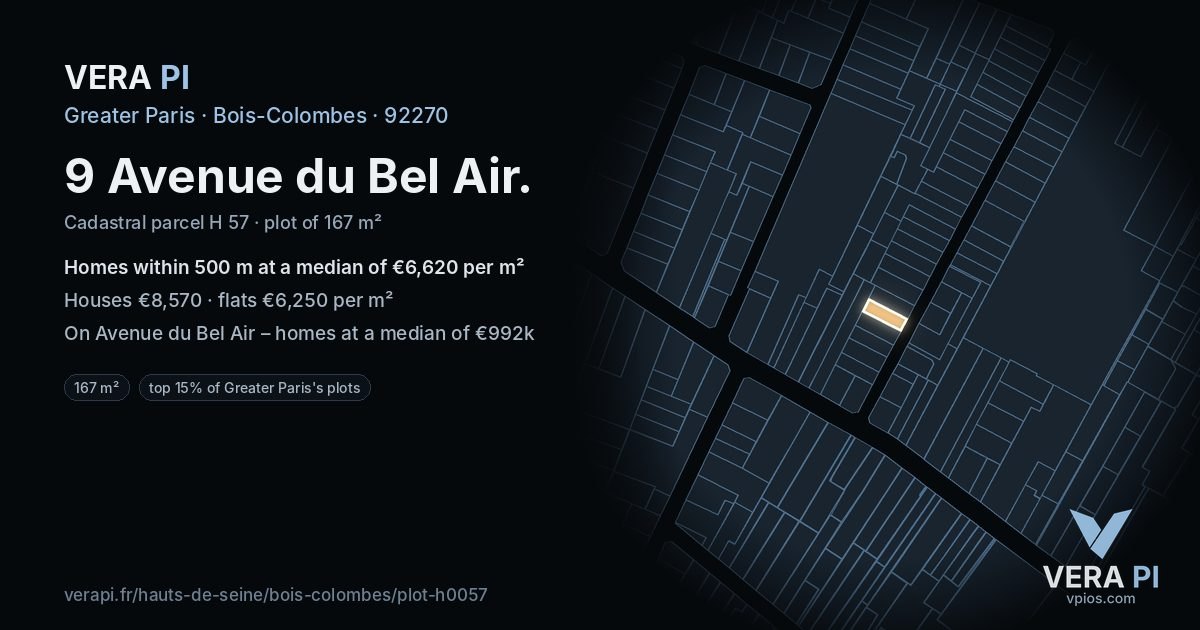 9 Avenue du Bel Air, Bois-Colombes at night – the plot lit, the parcels around coloured by the prices near them