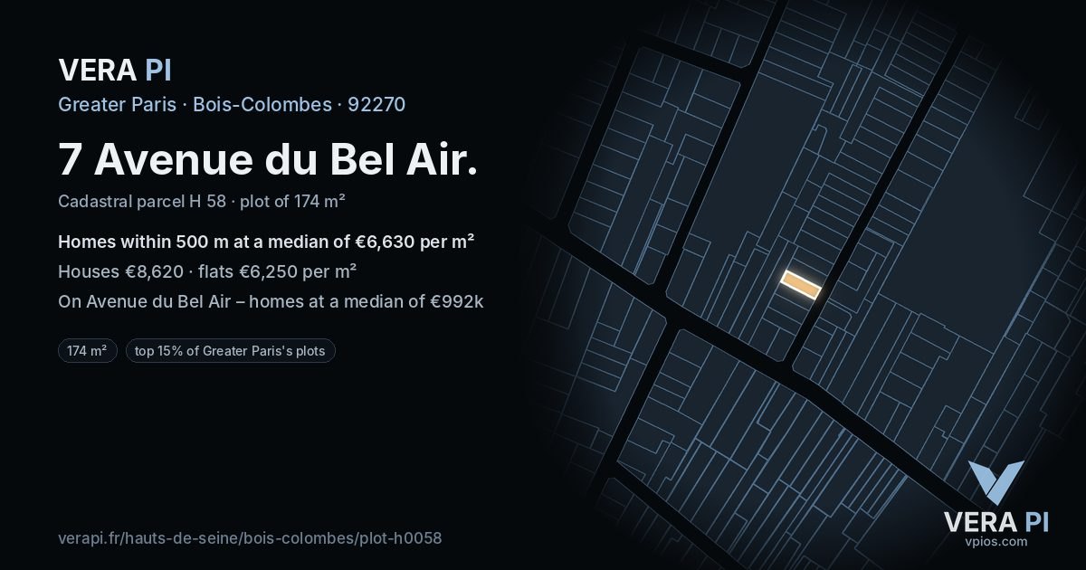 7 Avenue du Bel Air, Bois-Colombes at night – the plot lit, the parcels around coloured by the prices near them