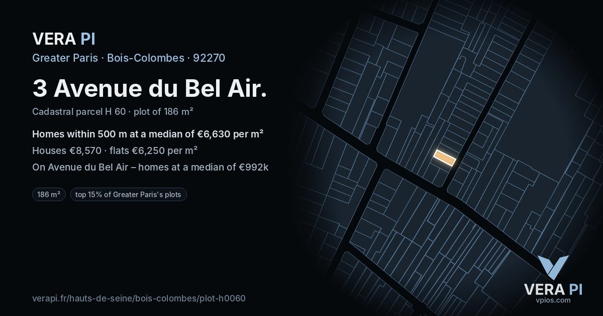 3 Avenue du Bel Air, Bois-Colombes at night – the plot lit, the parcels around coloured by the prices near them