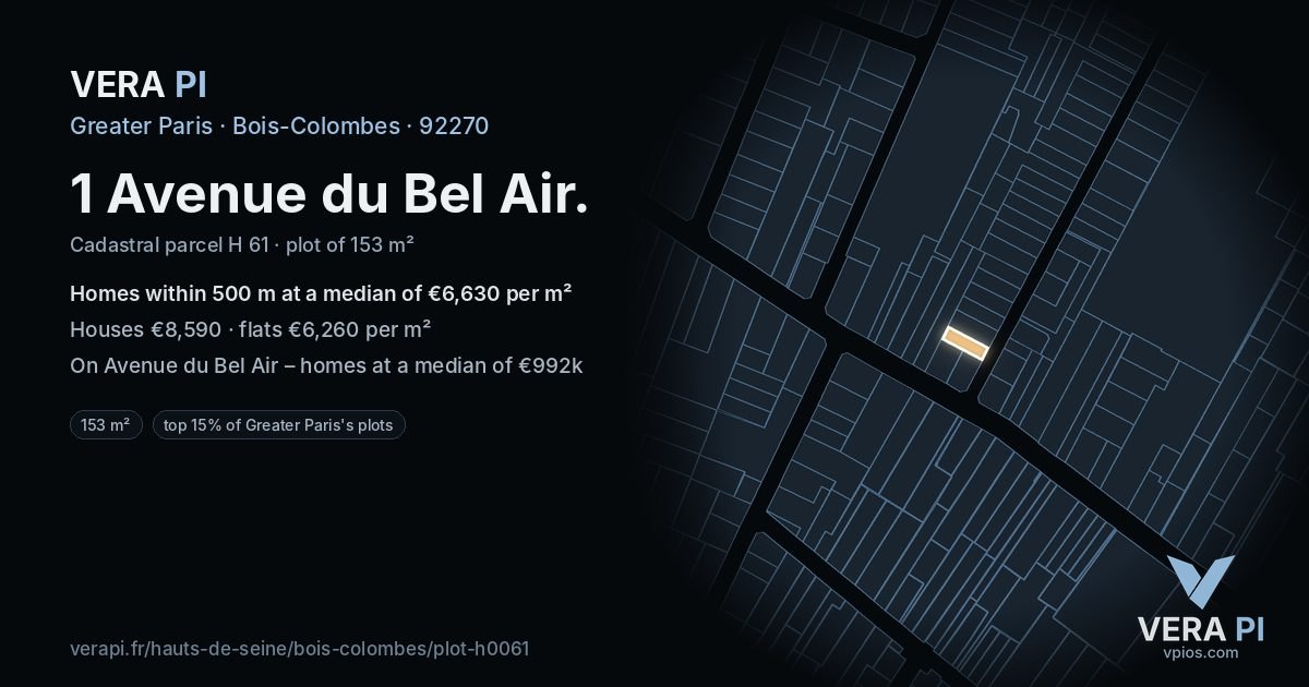 1 Avenue du Bel Air, Bois-Colombes at night – the plot lit, the parcels around coloured by the prices near them