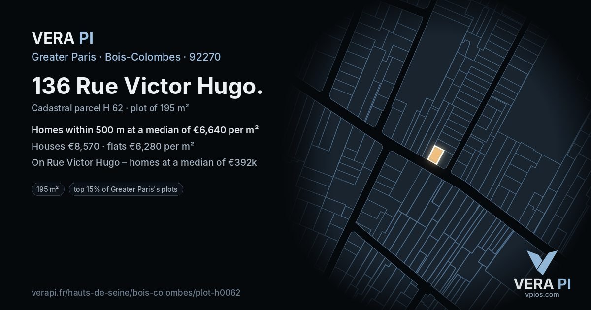 136 Rue Victor Hugo, Bois-Colombes at night – the plot lit, the parcels around coloured by the prices near them