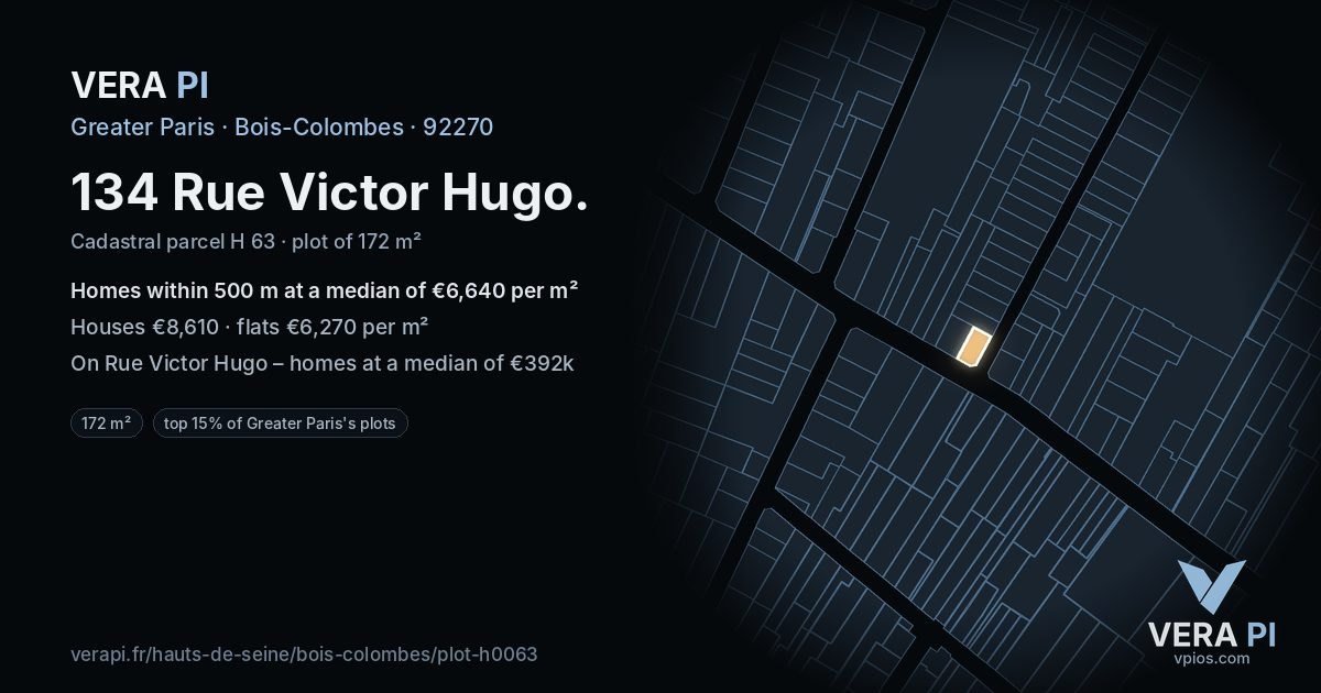 134 Rue Victor Hugo, Bois-Colombes at night – the plot lit, the parcels around coloured by the prices near them