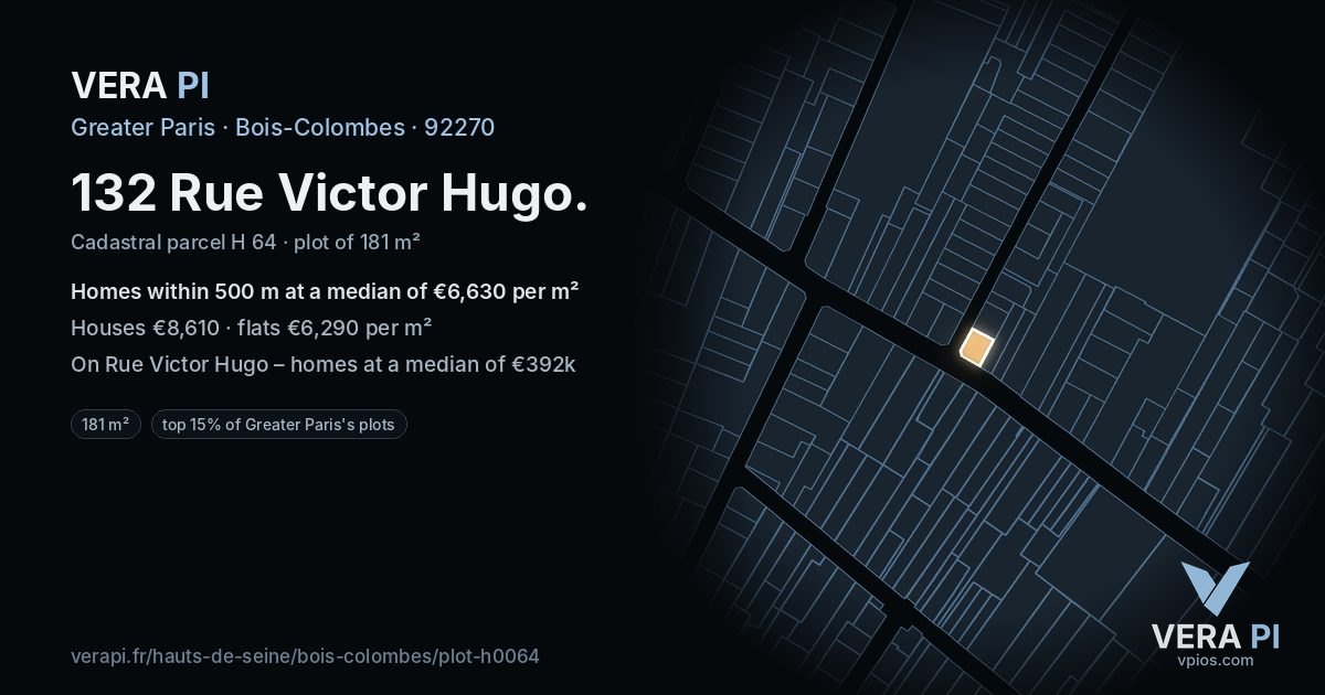 132 Rue Victor Hugo, Bois-Colombes at night – the plot lit, the parcels around coloured by the prices near them