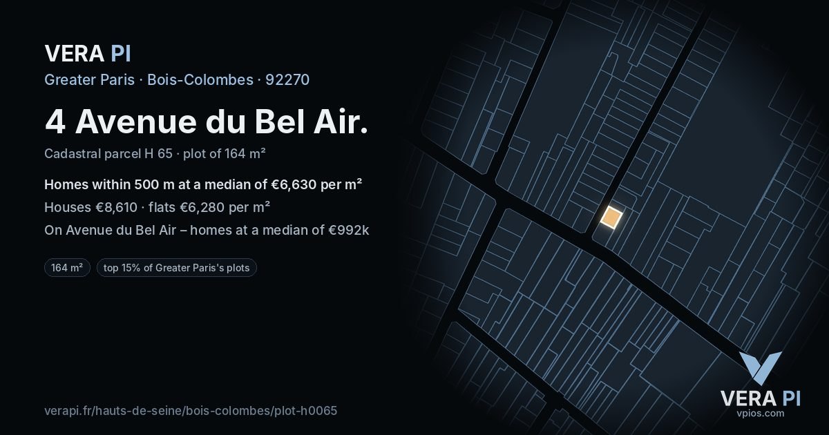 4 Avenue du Bel Air, Bois-Colombes at night – the plot lit, the parcels around coloured by the prices near them