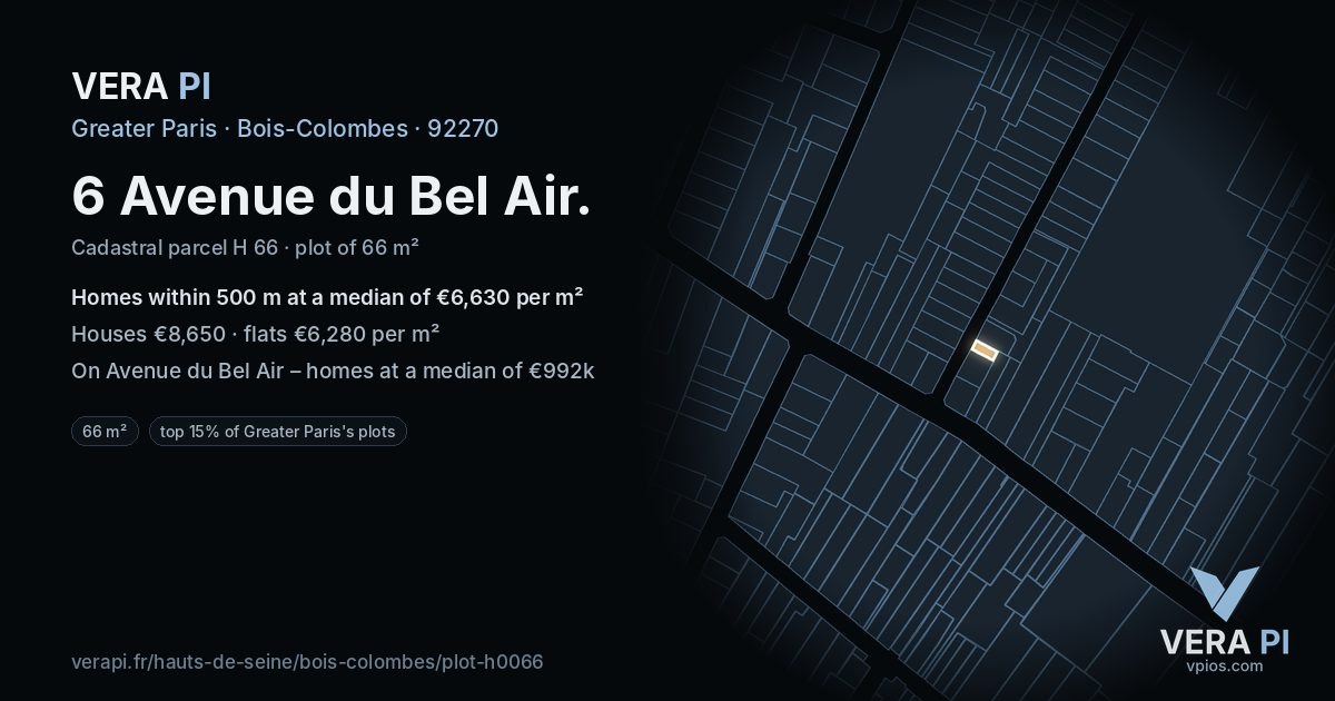 6 Avenue du Bel Air, Bois-Colombes at night – the plot lit, the parcels around coloured by the prices near them