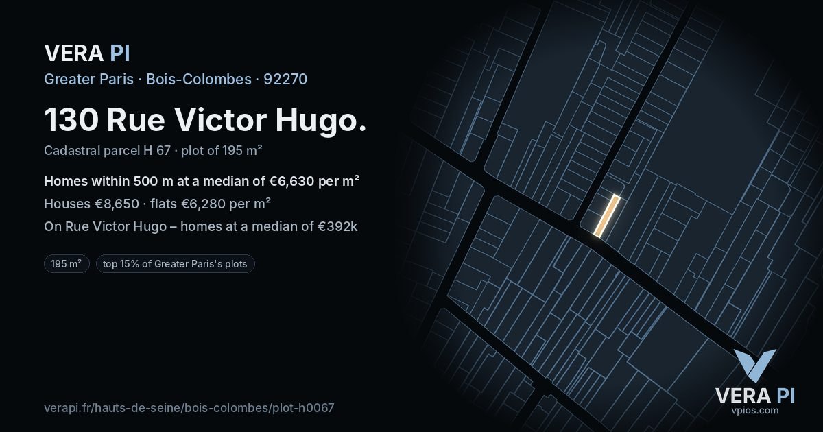 130 Rue Victor Hugo, Bois-Colombes at night – the plot lit, the parcels around coloured by the prices near them
