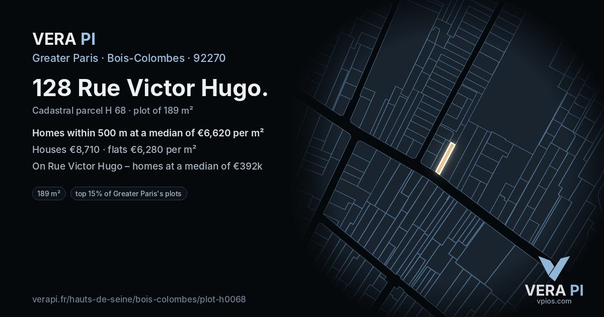 128 Rue Victor Hugo, Bois-Colombes at night – the plot lit, the parcels around coloured by the prices near them