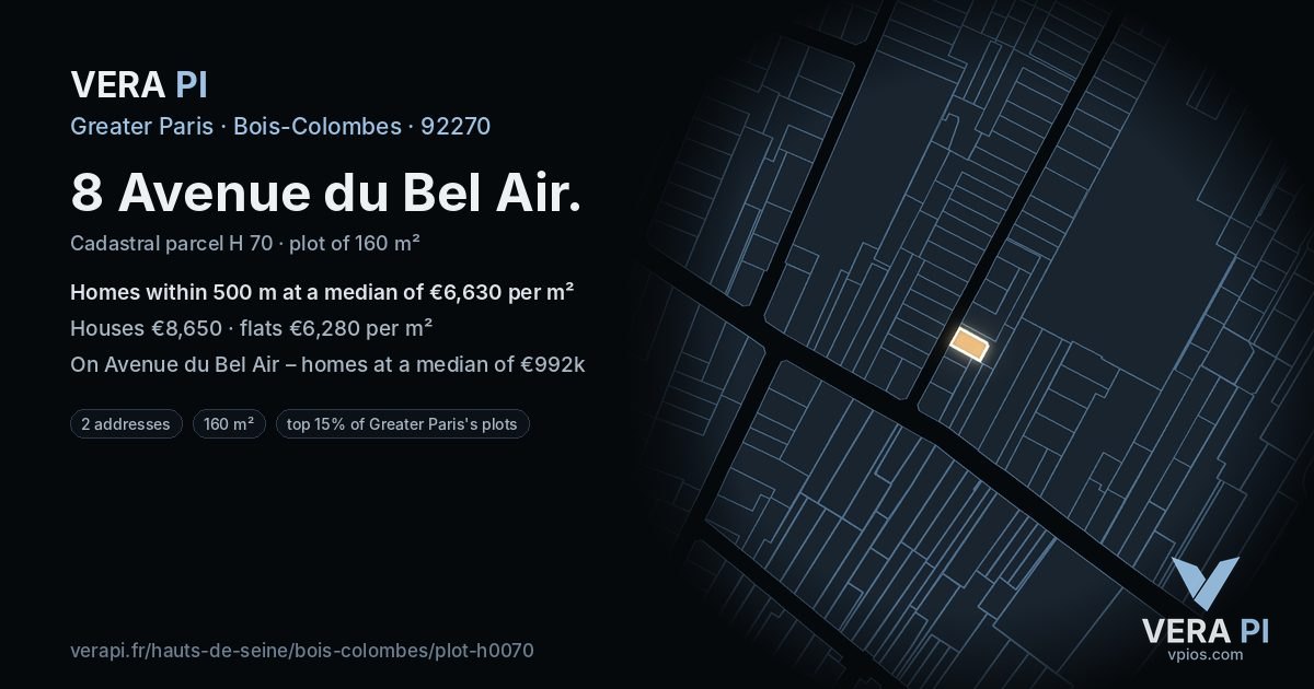 8 Avenue du Bel Air, Bois-Colombes at night – the plot lit, the parcels around coloured by the prices near them