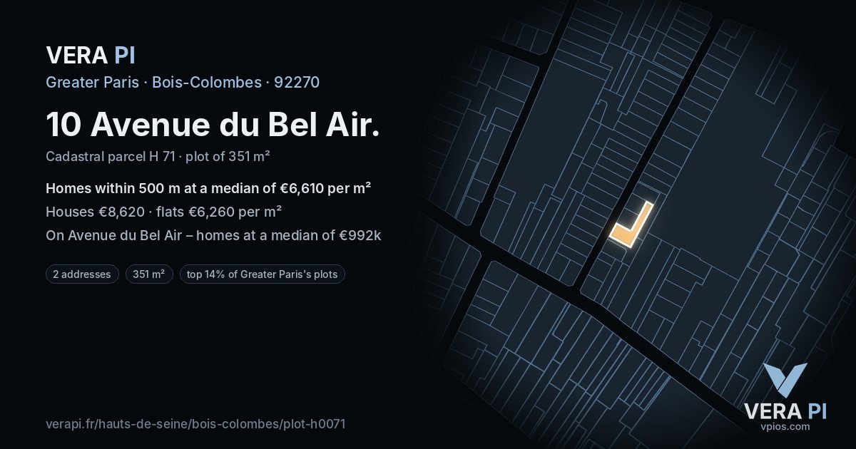 10 Avenue du Bel Air, Bois-Colombes at night – the plot lit, the parcels around coloured by the prices near them
