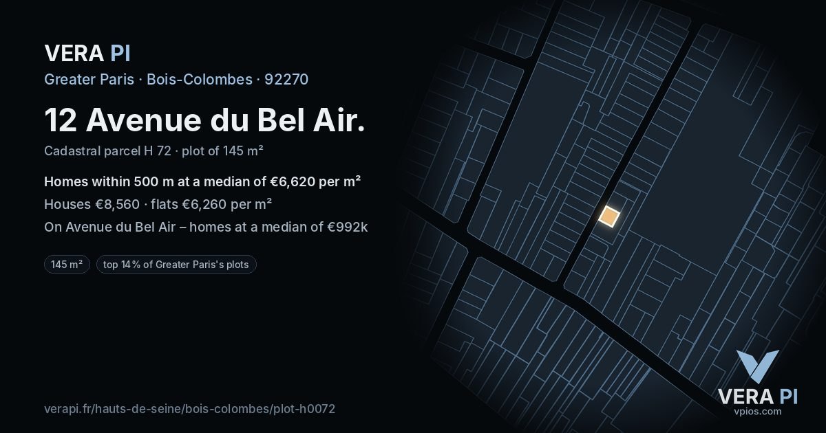 12 Avenue du Bel Air, Bois-Colombes at night – the plot lit, the parcels around coloured by the prices near them