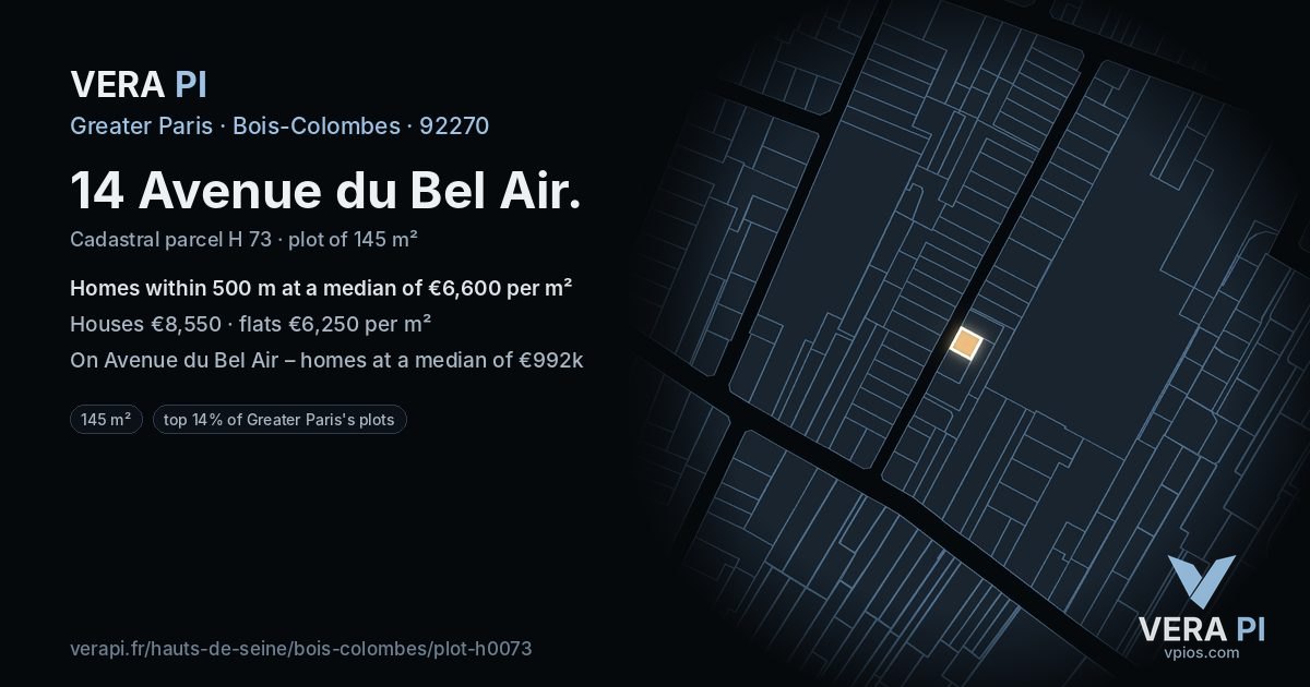 14 Avenue du Bel Air, Bois-Colombes at night – the plot lit, the parcels around coloured by the prices near them