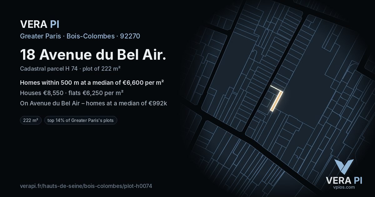 18 Avenue du Bel Air, Bois-Colombes at night – the plot lit, the parcels around coloured by the prices near them