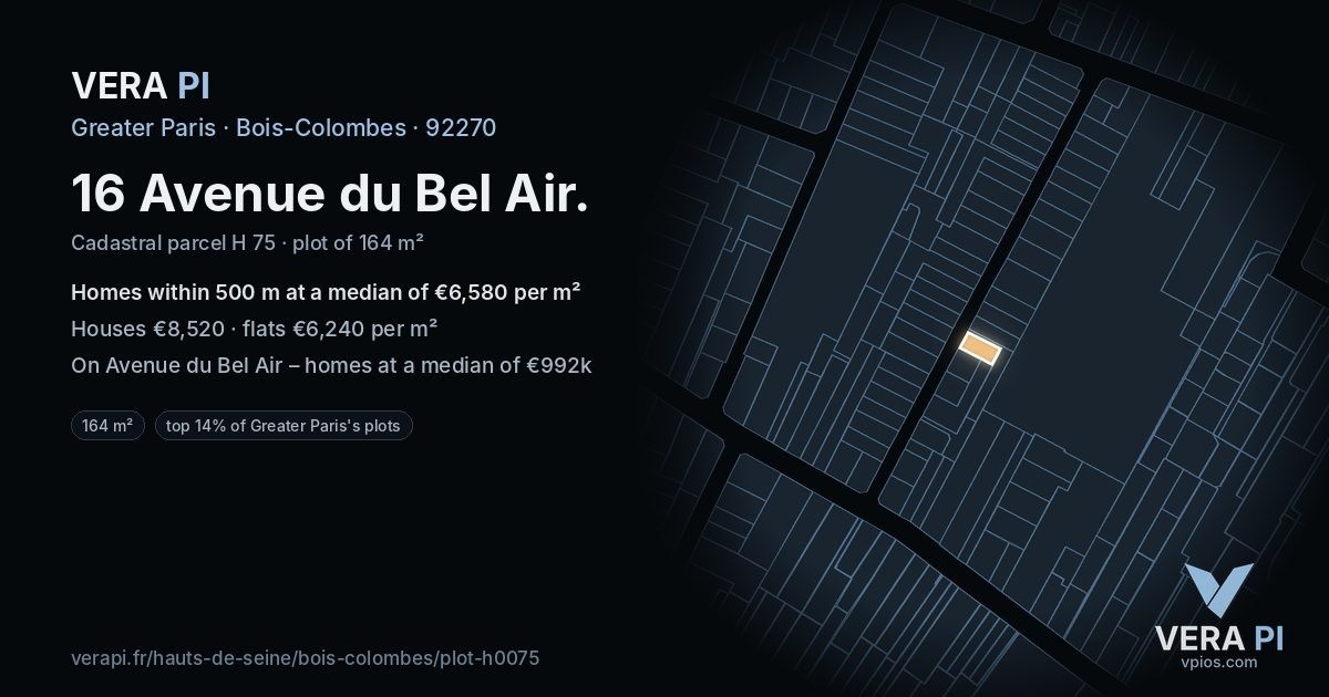 16 Avenue du Bel Air, Bois-Colombes at night – the plot lit, the parcels around coloured by the prices near them