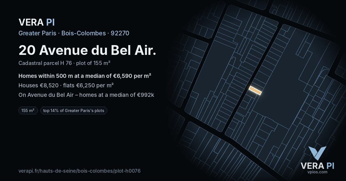 20 Avenue du Bel Air, Bois-Colombes at night – the plot lit, the parcels around coloured by the prices near them