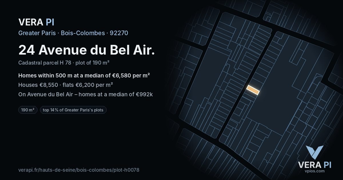 24 Avenue du Bel Air, Bois-Colombes at night – the plot lit, the parcels around coloured by the prices near them