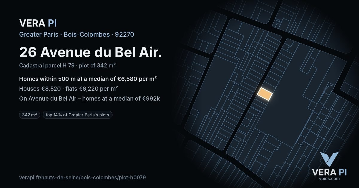 26 Avenue du Bel Air, Bois-Colombes at night – the plot lit, the parcels around coloured by the prices near them