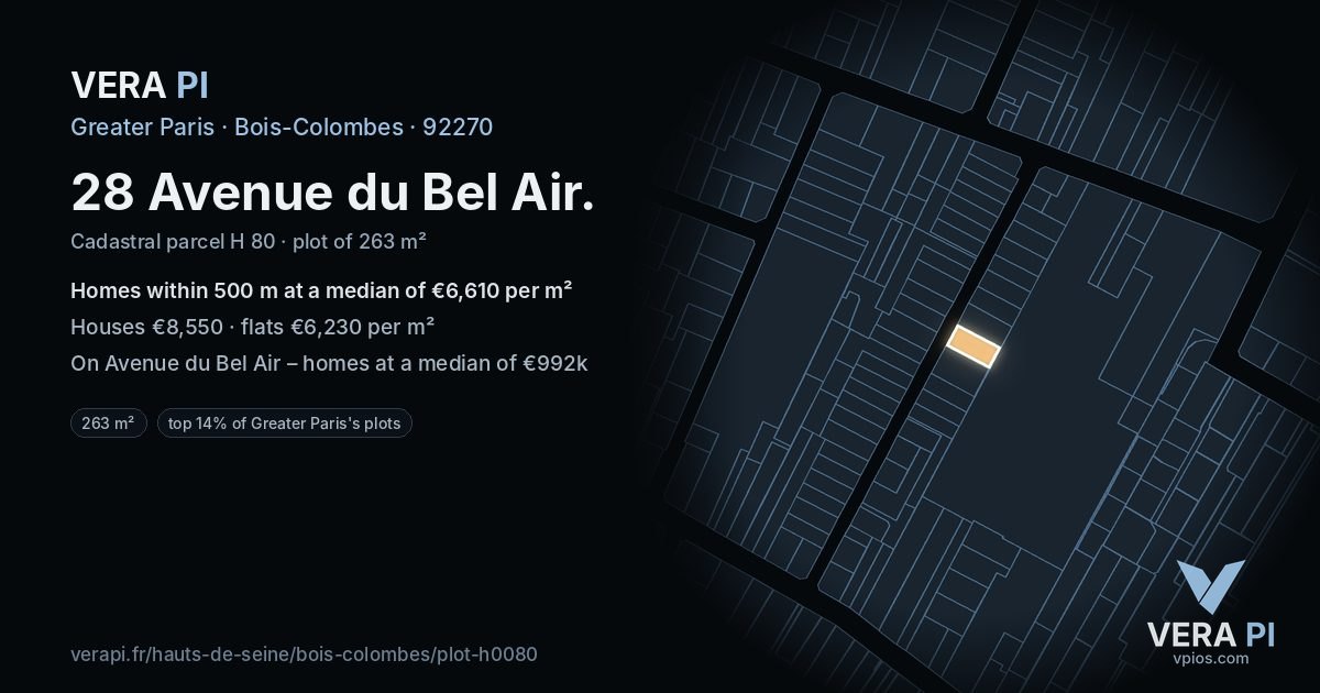 28 Avenue du Bel Air, Bois-Colombes at night – the plot lit, the parcels around coloured by the prices near them