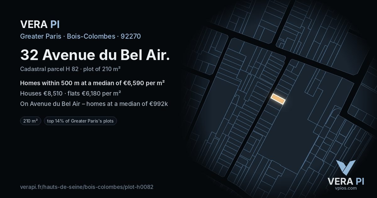 32 Avenue du Bel Air, Bois-Colombes at night – the plot lit, the parcels around coloured by the prices near them