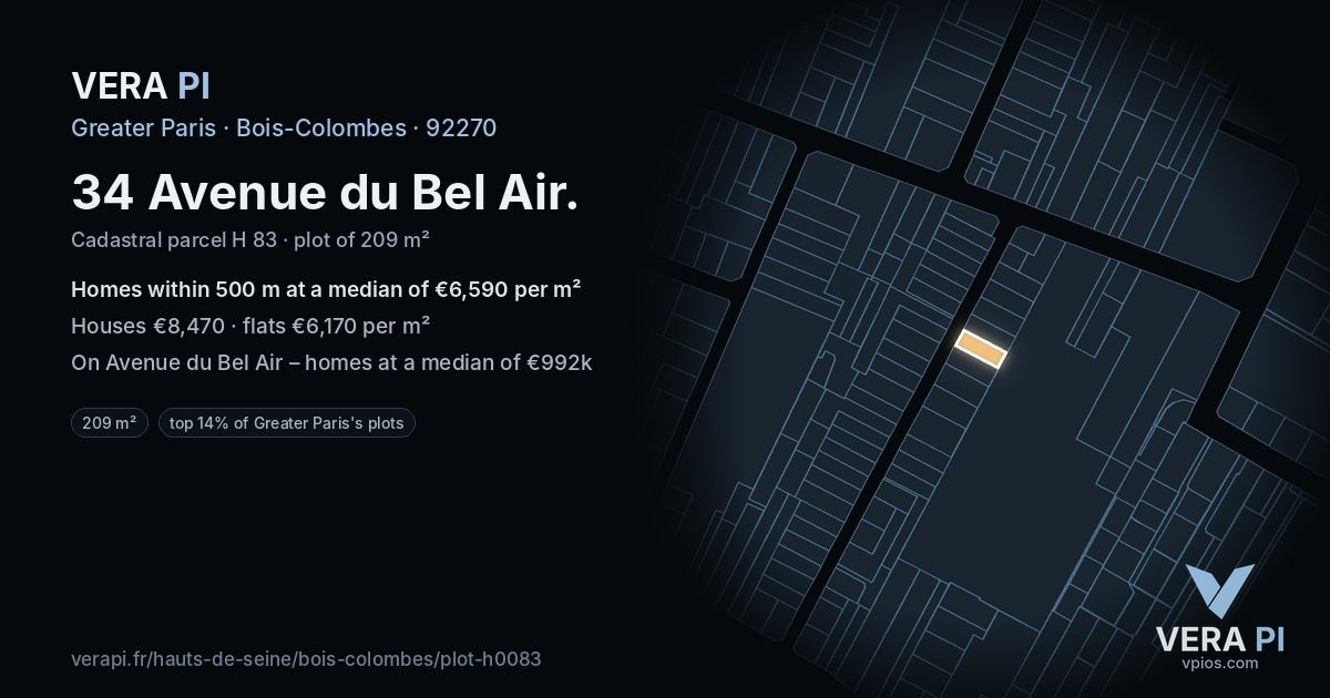 34 Avenue du Bel Air, Bois-Colombes at night – the plot lit, the parcels around coloured by the prices near them