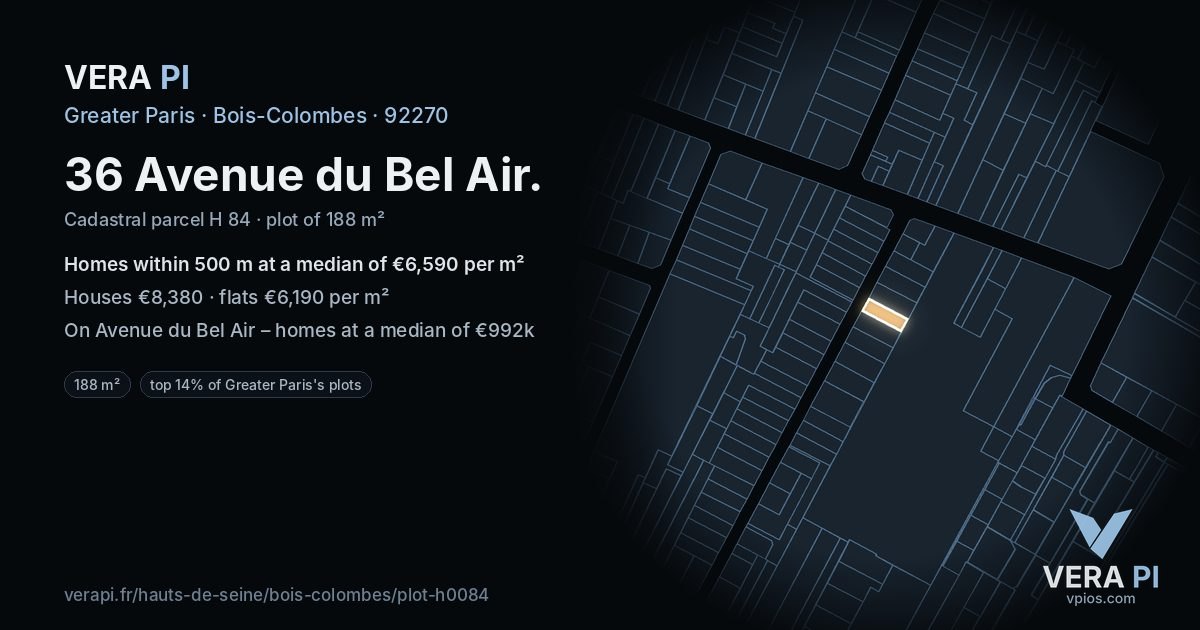 36 Avenue du Bel Air, Bois-Colombes at night – the plot lit, the parcels around coloured by the prices near them