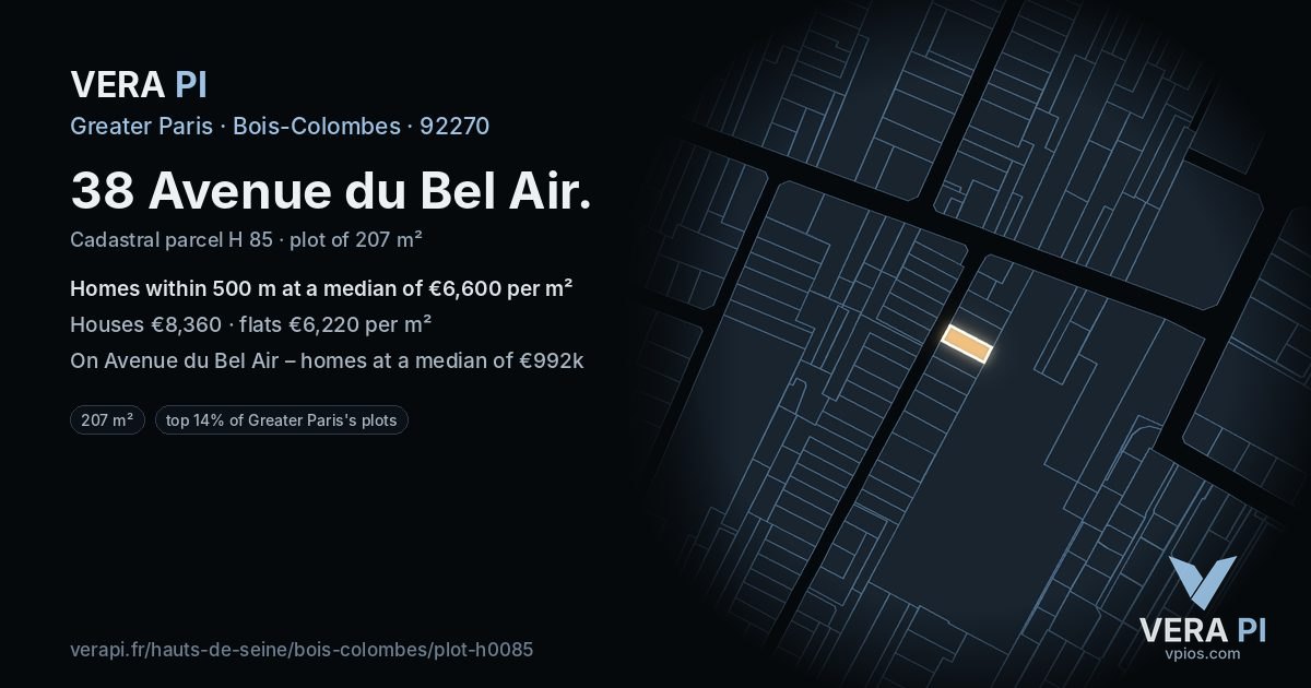 38 Avenue du Bel Air, Bois-Colombes at night – the plot lit, the parcels around coloured by the prices near them