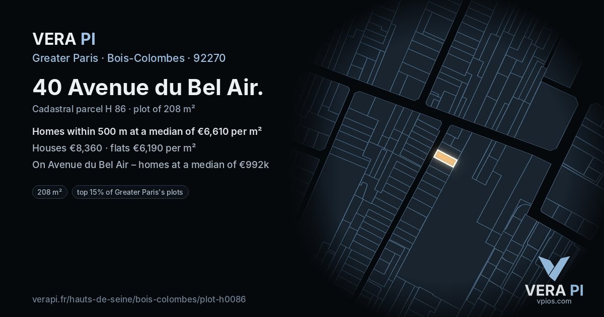 40 Avenue du Bel Air, Bois-Colombes at night – the plot lit, the parcels around coloured by the prices near them